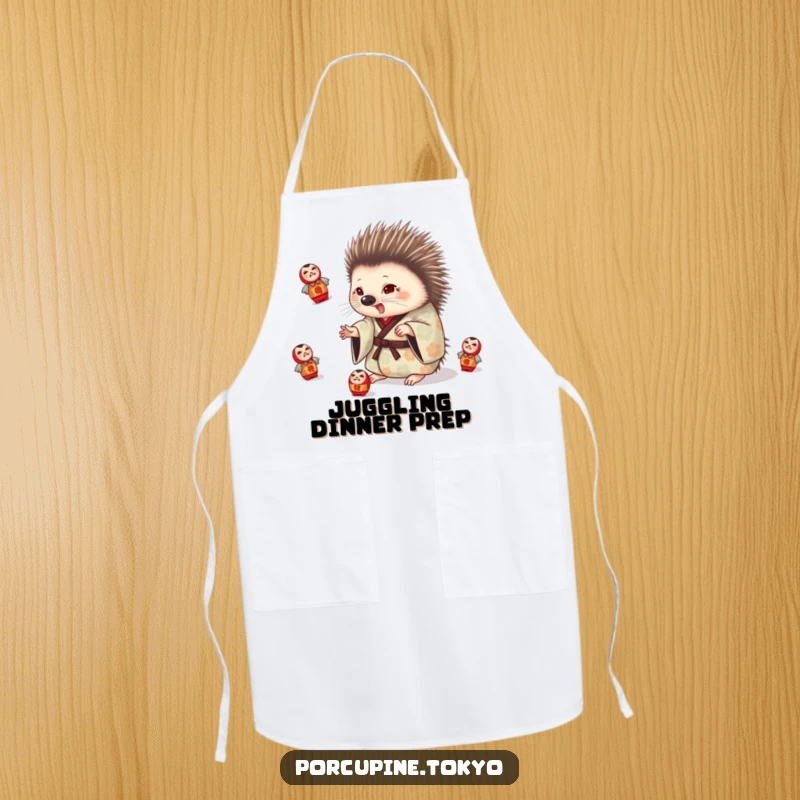 Funny apron with a porcupine in a patterned kimono playfully juggling daruma dolls, a humorous kitchen accessory.