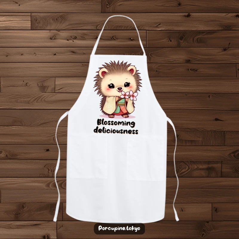 Funny apron with a porcupine in an ornate kimono holding a delicate blossom, a humorous and elegant kitchen accessory.
