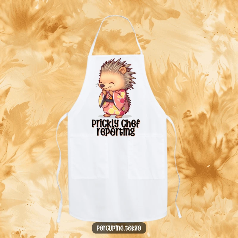 Funny Apron featuring a porcupine in a brightly colored kimono, bowing gracefully, perfect for humorous and elegant kitchen wear.
