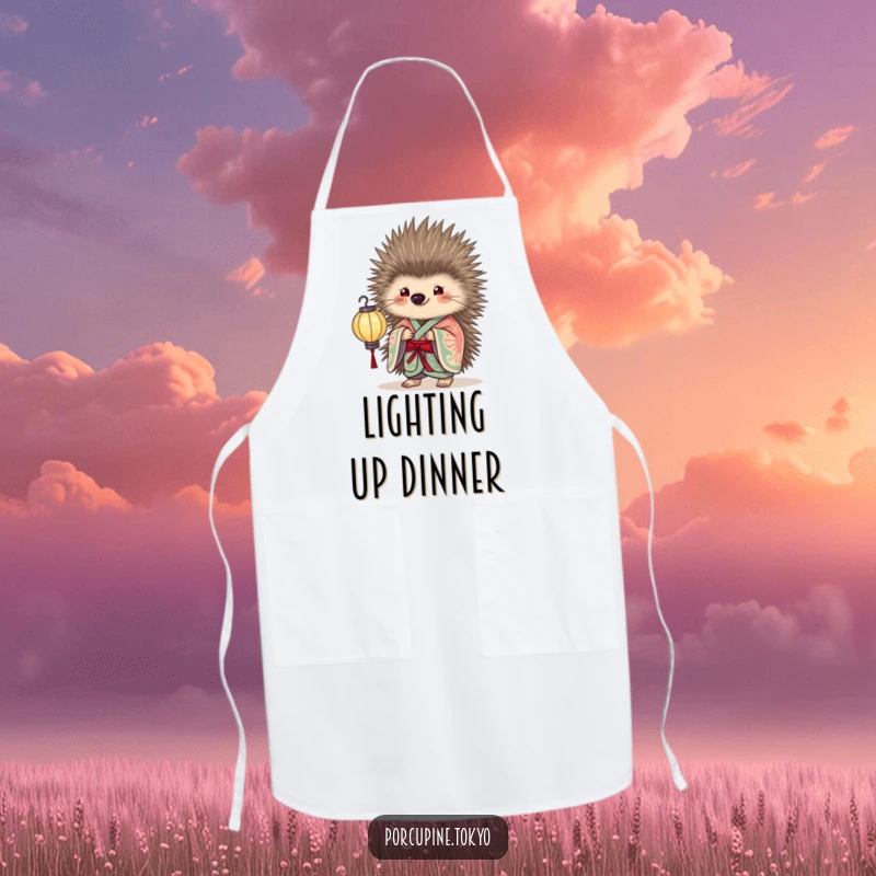 Funny Apron featuring a porcupine in an elegant kimono holding a delicate paper lantern, perfect for humorous and elegant kitchen wear.
