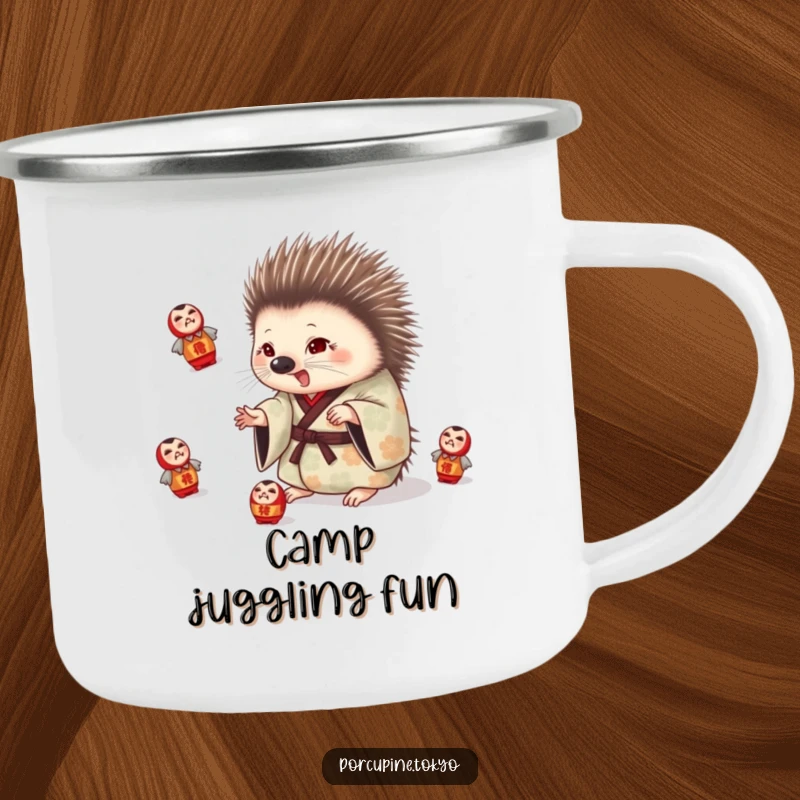 Funny camping mug showcasing a porcupine in a patterned kimono playfully juggling daruma dolls, perfect for outdoor fun.