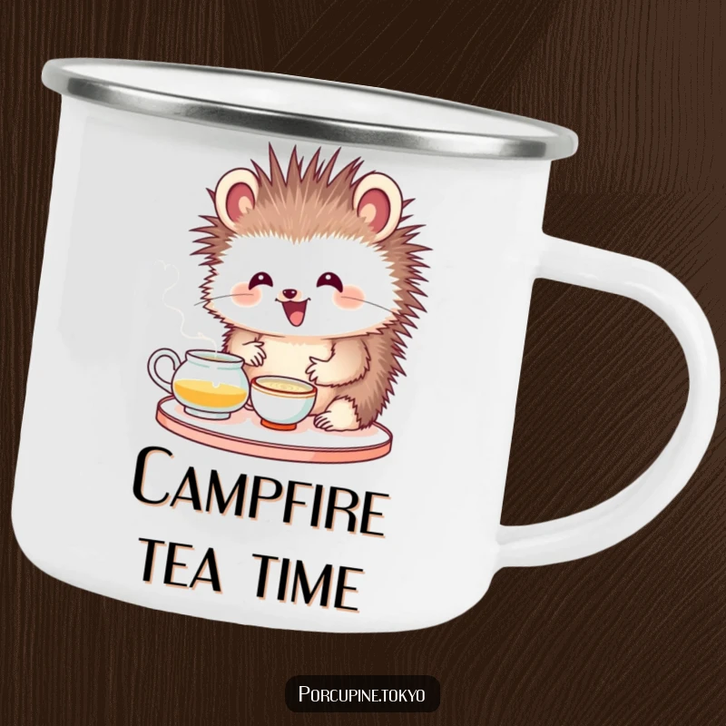 Funny camping mug with a porcupine looking delighted while attempting a tea ceremony, perfect for peaceful outdoor moments.