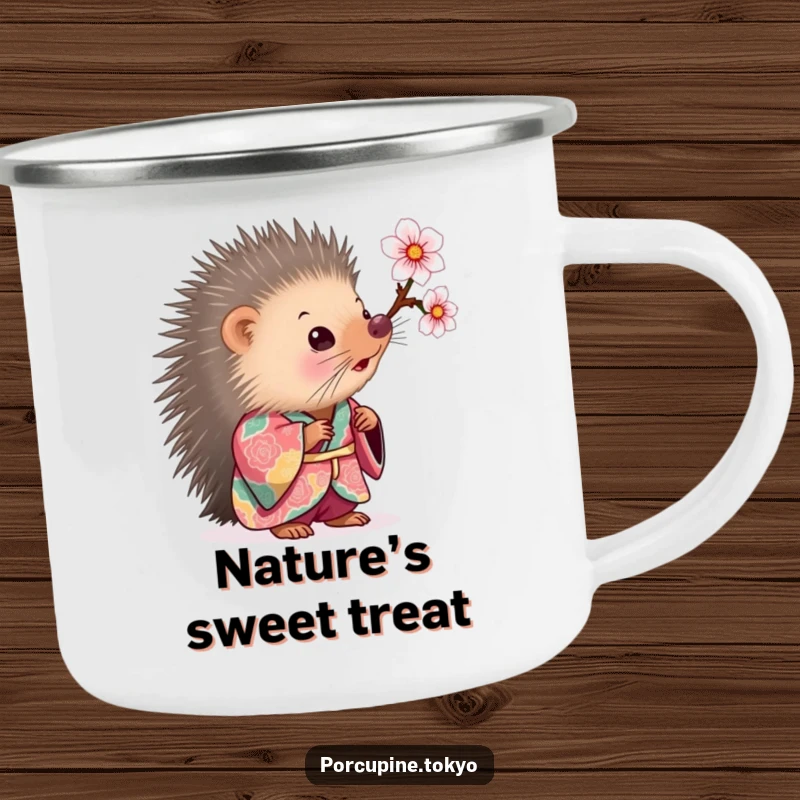 Funny Camping Mug: A porcupine in a colorful kimono looking curiously at a cherry blossom, for your funny outdoor beverage.