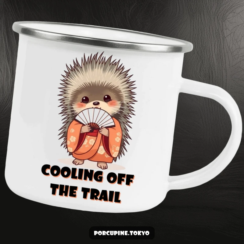Funny Camping Mug: An elegant porcupine in a kimono holding a closed fan, ready for your funny outdoor beverage.