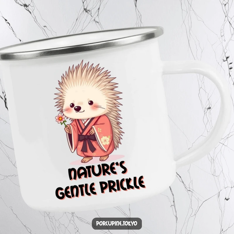 Funny porcupine in a kimono offering a flower, a durable and humorous camping mug for nature lovers.