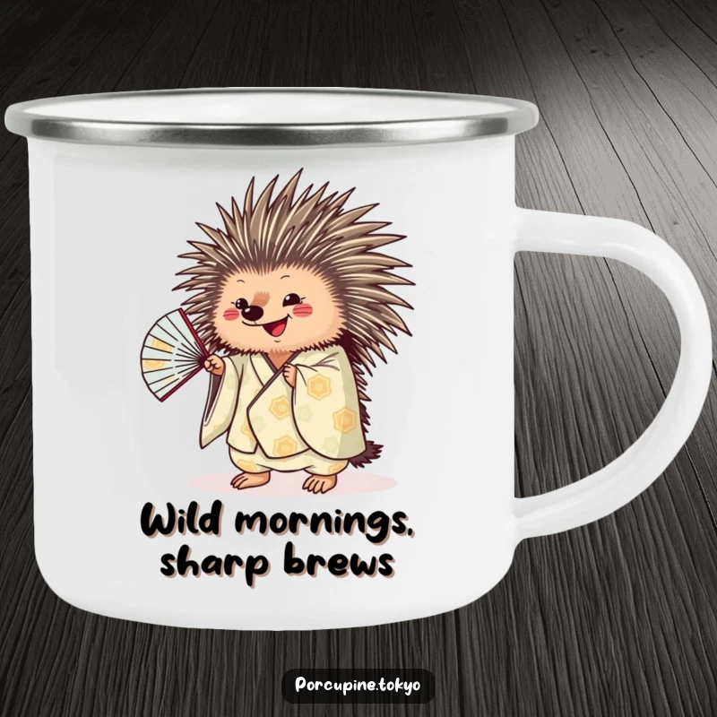 Funny porcupine character in a kimono, shaking a fan outdoors, a durable and humorous camping mug.