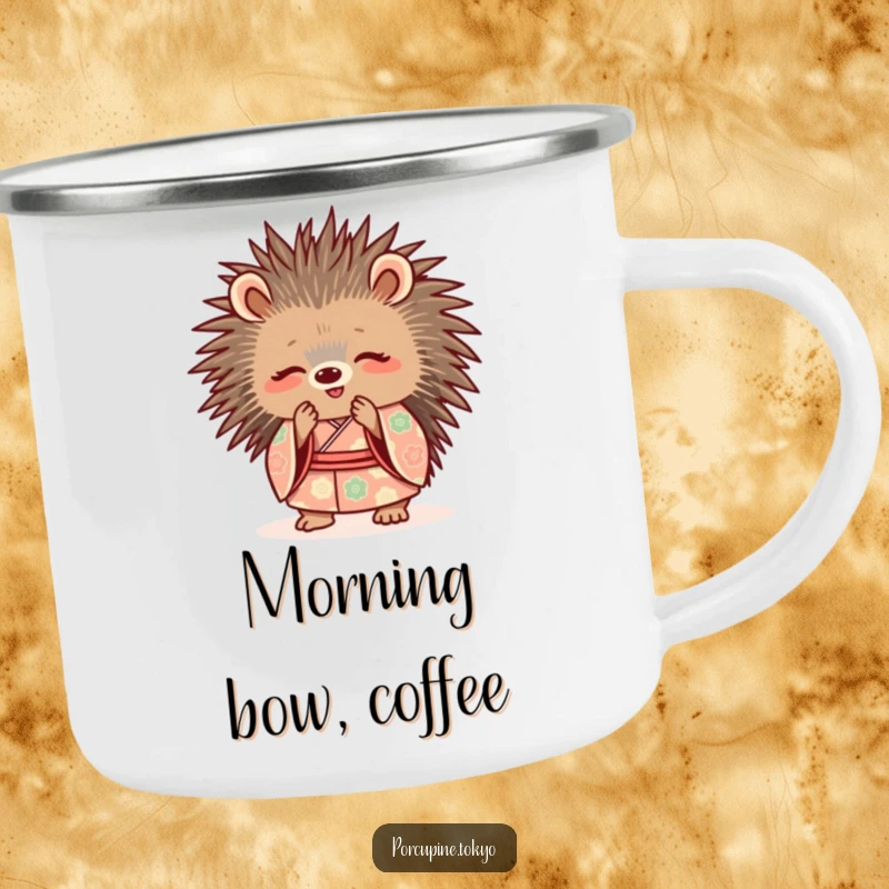 Funny Camping Mug: A cute porcupine in a patterned kimono, bowing politely with a smile, ready for your funny outdoor beverage.