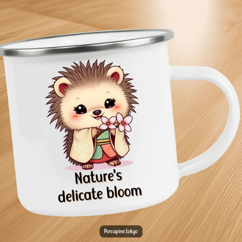 Funny camping mug with a porcupine in an ornate kimono holding a delicate blossom, perfect for elegant outdoor moments.