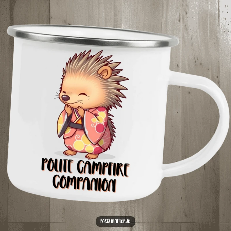 Funny Camping Mug with a porcupine in a brightly colored kimono, bowing gracefully, ideal for humorous outdoor enjoyment.