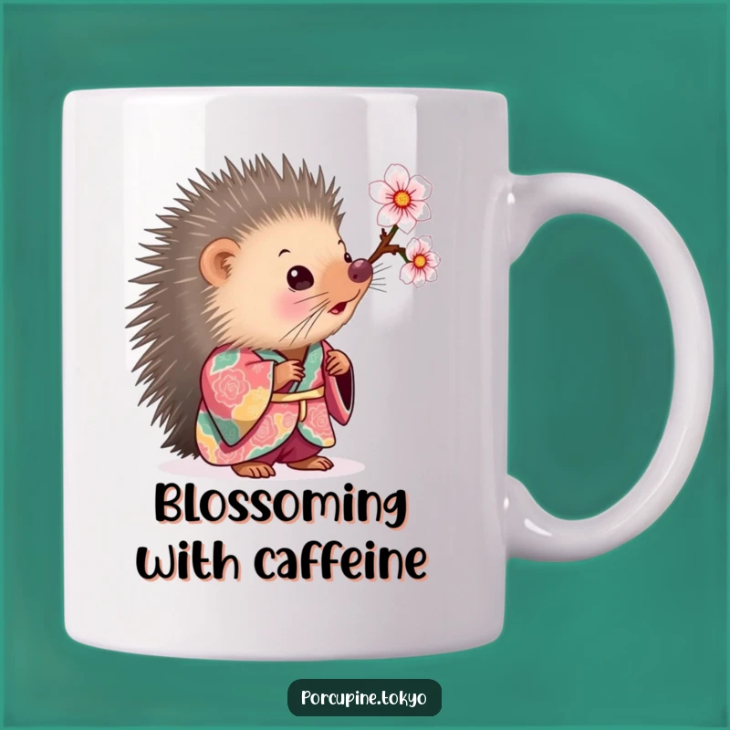 Funny Curious Porcupine Kimono Mug - Cherry Blossom Wonder Gift