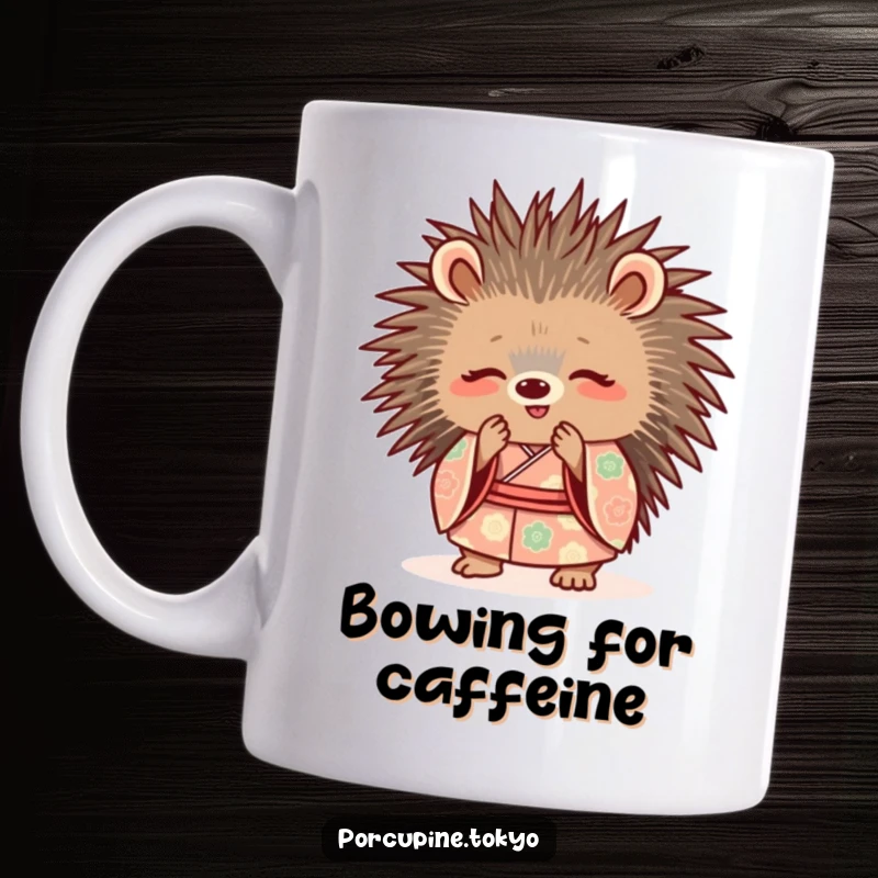 Funny Mug: A cute porcupine in a patterned kimono politely bowing with a smile, offering a warm and funny welcome.