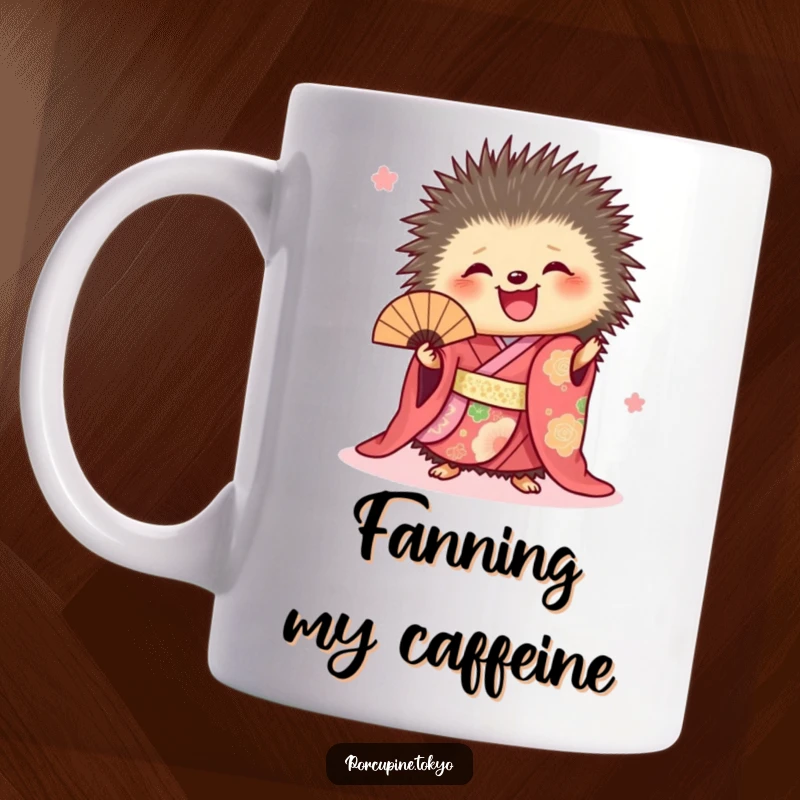 Funny mug with a porcupine in a vibrant kimono, joyfully holding a fan, spreading cheer and humor with every sip.