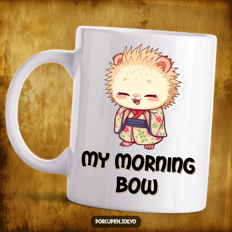 Funny mug with a porcupine in a floral kimono bowing gracefully, exuding peace and gentle humor for a delightful gift.