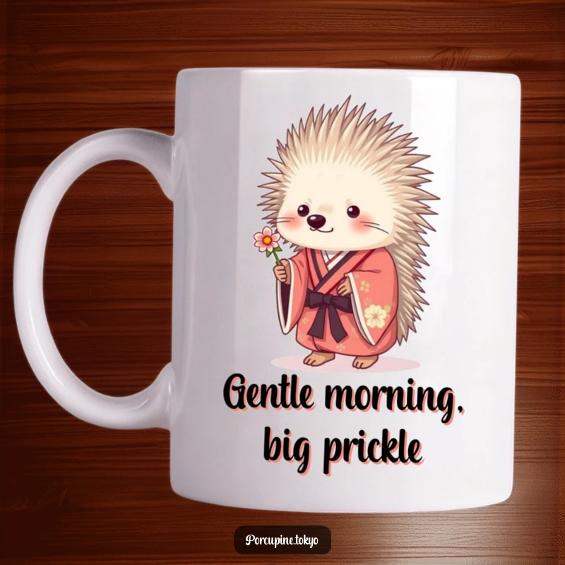 Funny porcupine in a traditional kimono, gently offering a small flower, a sweet and humorous mug illustration.