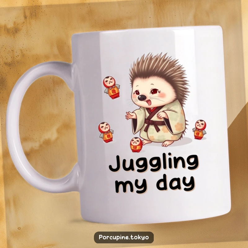 Funny mug with a porcupine in a patterned kimono playfully juggling small daruma dolls, exuding cheerful, balanced humor.