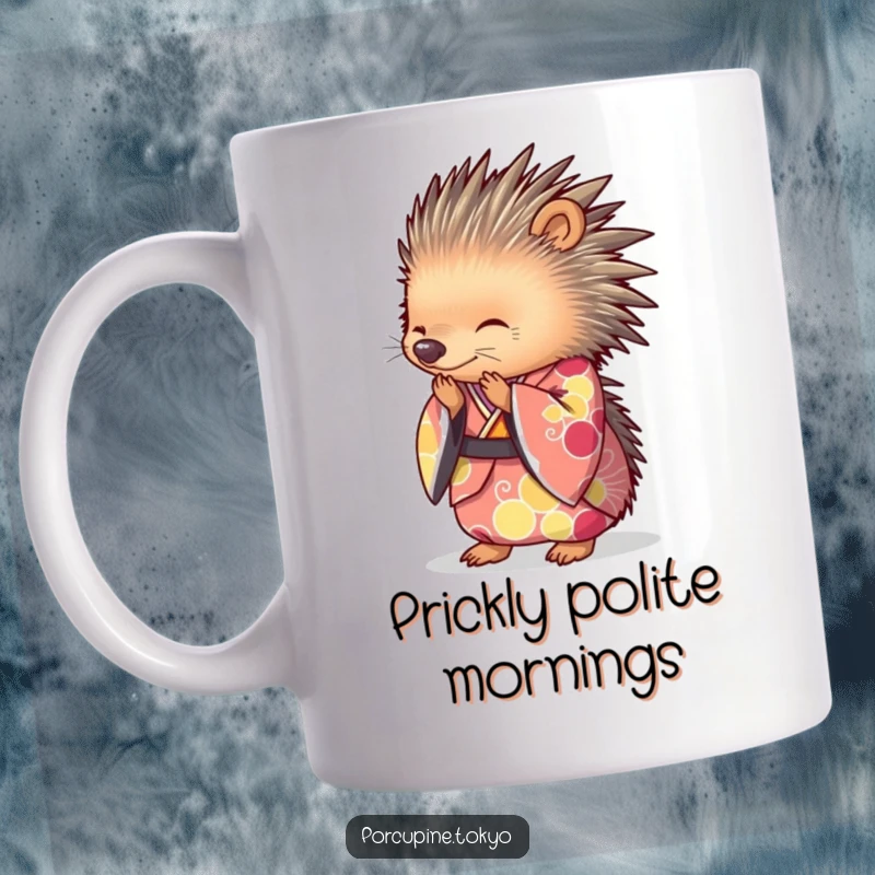 Funny Mug with a porcupine in a brightly colored kimono, bowing gracefully, offering a charming and humorous cultural gift.