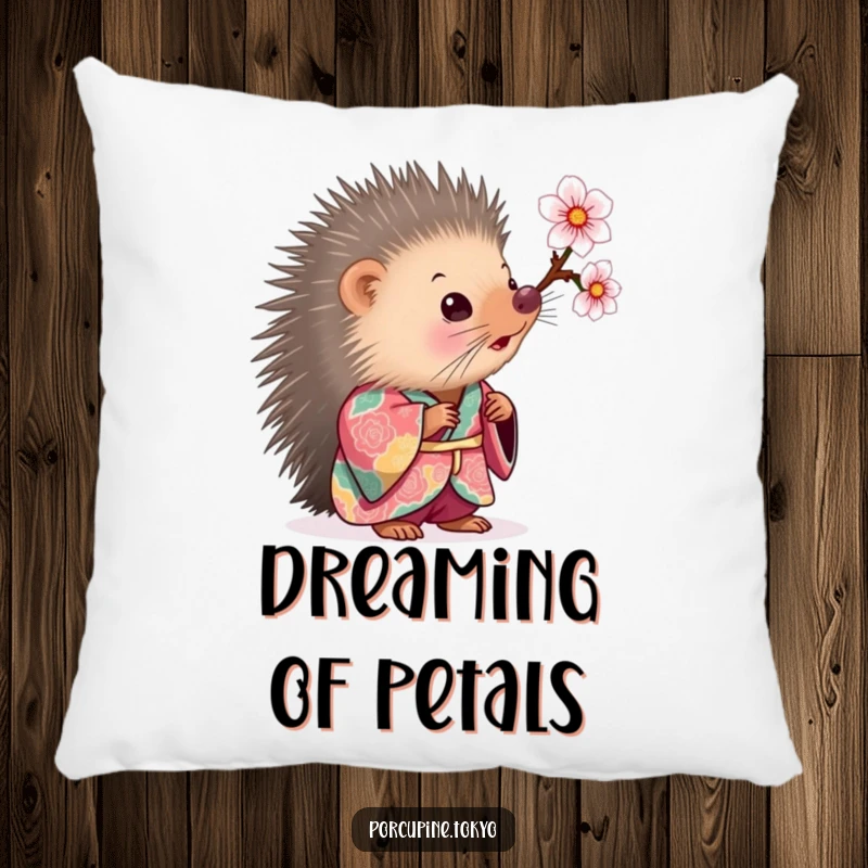Funny Pillow: A porcupine in a colorful kimono looking curiously at a cherry blossom, offering funny comfort and delicate beauty.