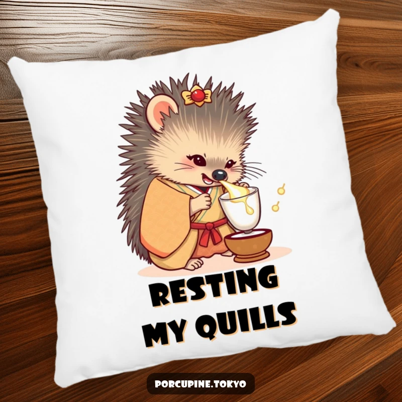 Funny pillow with a soft texture, depicting a porcupine in an ornate kimono, playfully sipping a tiny sake cup.