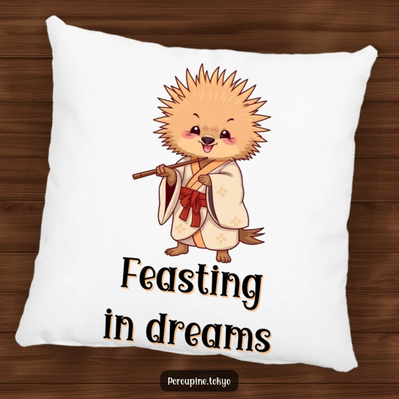Funny Pillow: A porcupine in a flowing kimono striking a playful pose with chopsticks, offering funny comfort and personality.