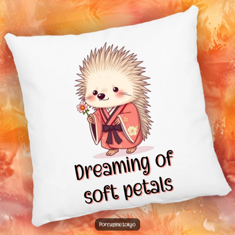 Funny porcupine character in a kimono extending a small flower, a soft and humorous decorative pillow.