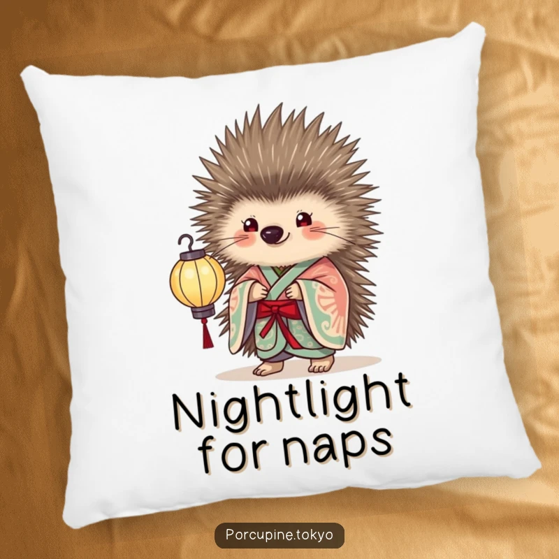 Funny Pillow with a porcupine in an elegant kimono holding a delicate paper lantern, offering a plush, humorous, and elegant accent.