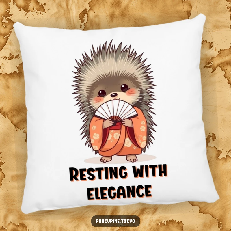 Funny Pillow: A porcupine in a beautiful kimono holding a delicate fan, offering funny elegance and plush comfort.