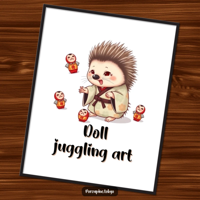 Funny digital art print of a porcupine in a patterned kimono playfully juggling daruma dolls, perfect for humorous decor.