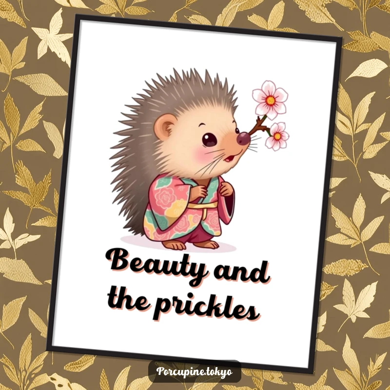 Funny Digital Art Print: A porcupine in a colorful kimono looking curiously at a cherry blossom, bringing funny charm to walls.