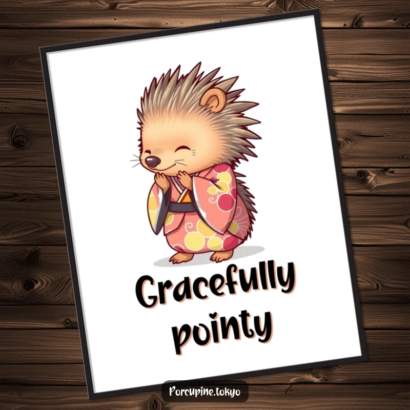 Funny Digital Art Print of a porcupine wearing a brightly colored kimono, bowing gracefully, ideal for humorous and elegant wall decor.