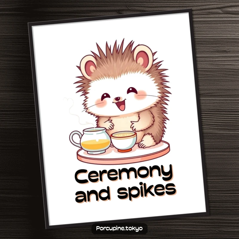 Funny digital art print of a porcupine with a delighted expression attempting a tea ceremony, perfect for calm decor.