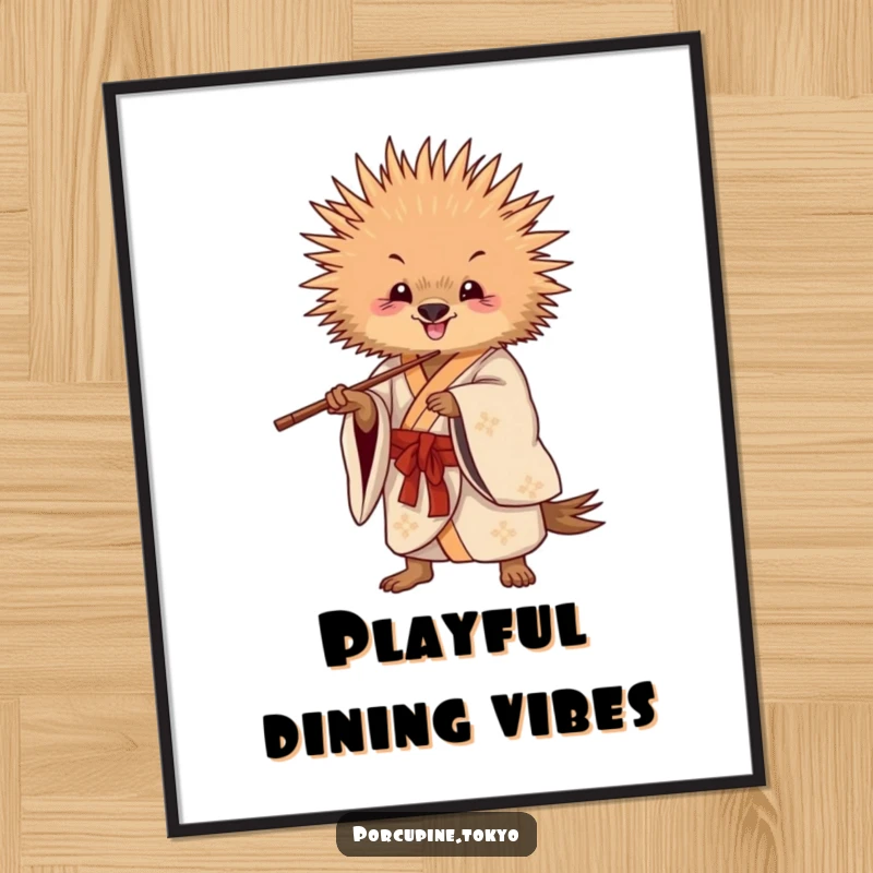 Funny Digital Art Print: A porcupine in a flowing kimono striking a playful pose with chopsticks, bringing funny energy to walls.