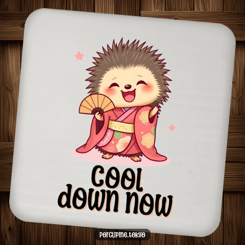 Funny drink coaster with a porcupine in a vibrant kimono joyfully holding a fan, adding a touch of humor.