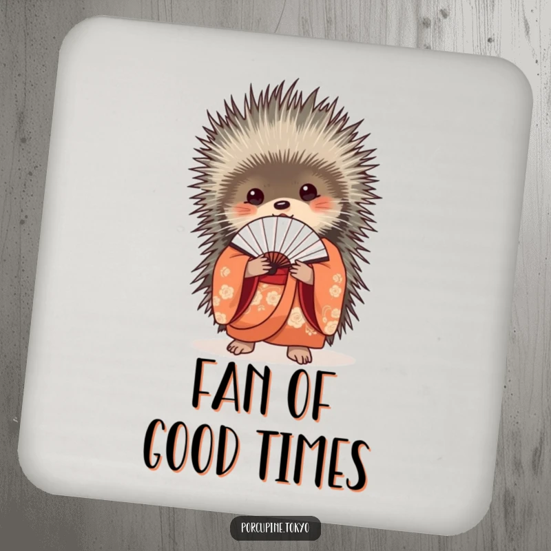 Funny Coasters: A porcupine in a beautiful kimono holding a delicate fan, perfect for funny table protection with style.