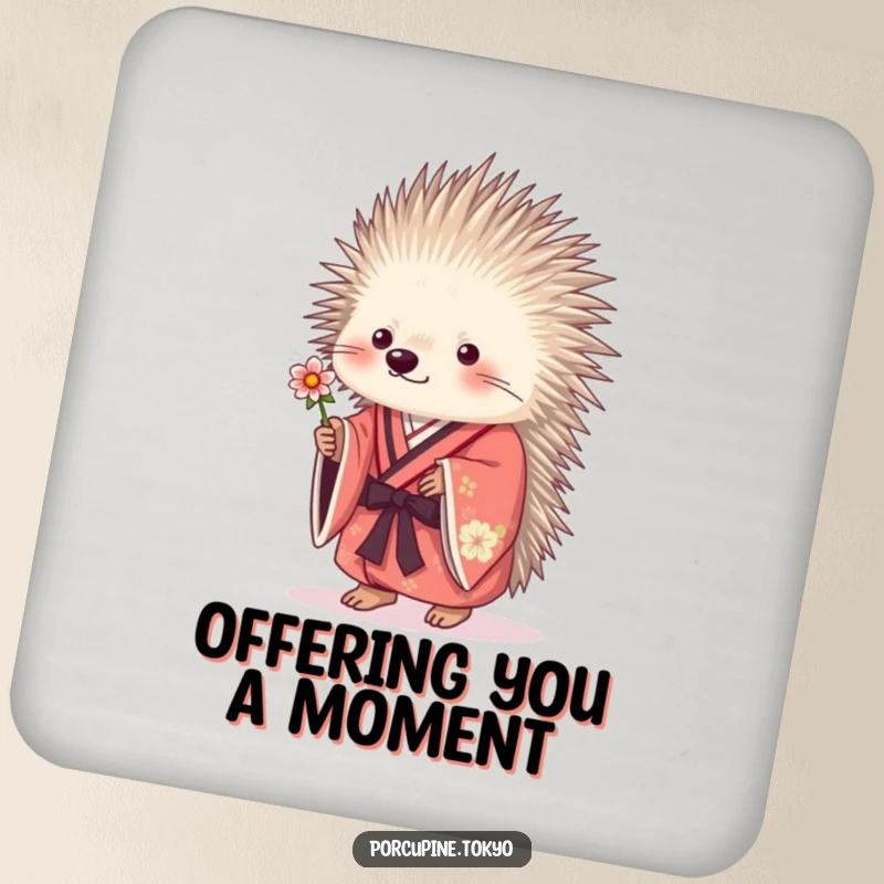Funny porcupine in a kimono offering a flower, a protective and humorous drink coaster.
