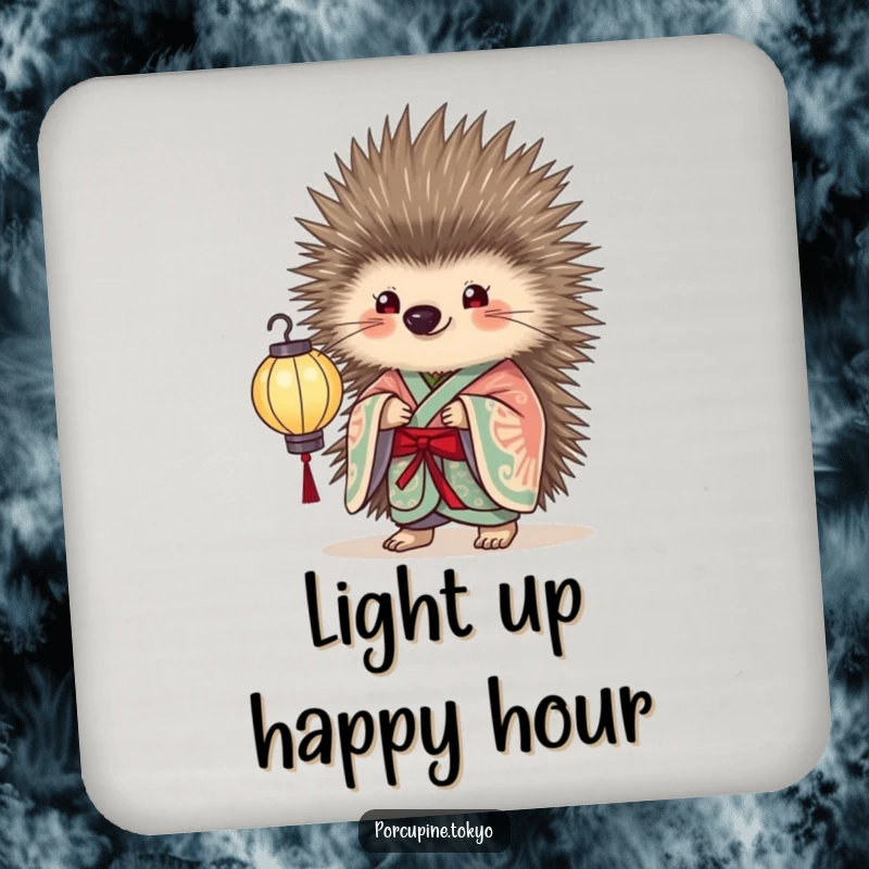 Funny Coasters featuring a porcupine in an elegant kimono holding a delicate paper lantern, perfect for humorous and elegant surface protection.