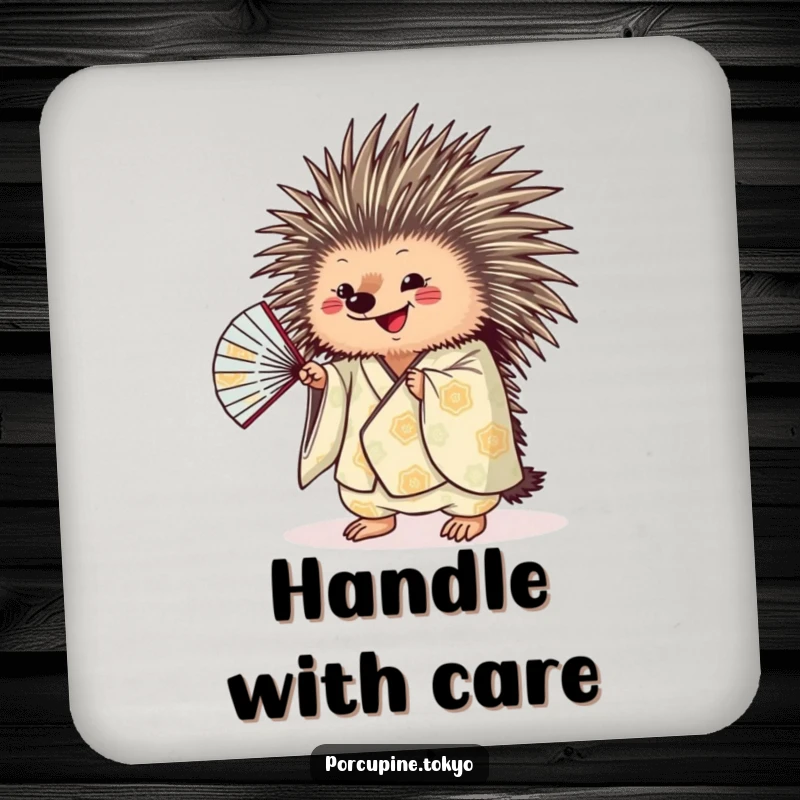 Funny porcupine in a patterned kimono shaking a fan, a humorous and protective drink coaster.