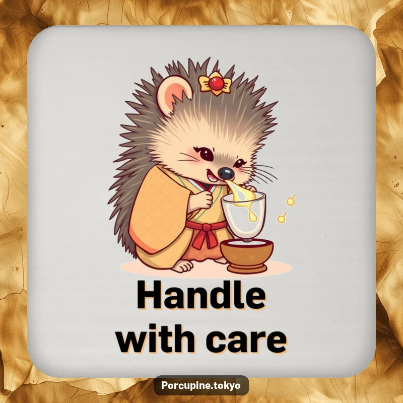 Funny drink coaster with a porcupine in an ornate kimono, playfully tipping a tiny sake cup to prevent spills.