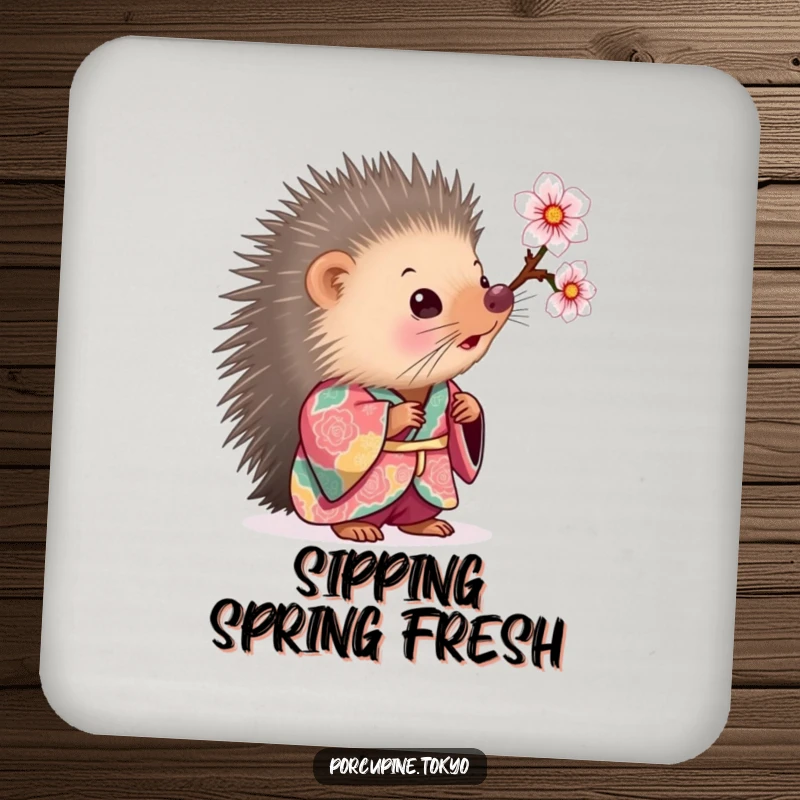 Funny Coasters: A porcupine in a colorful kimono looking curiously at a cherry blossom, perfect for funny table protection.