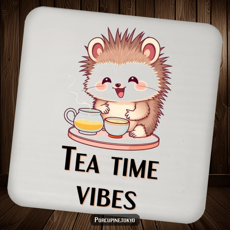 Funny drink coaster with a porcupine showing delight during a tea ceremony, adding humorous elegance to any surface.