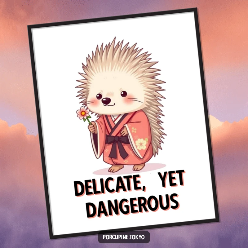 Funny porcupine in a traditional kimono offering a single flower, a heartwarming and humorous art print.