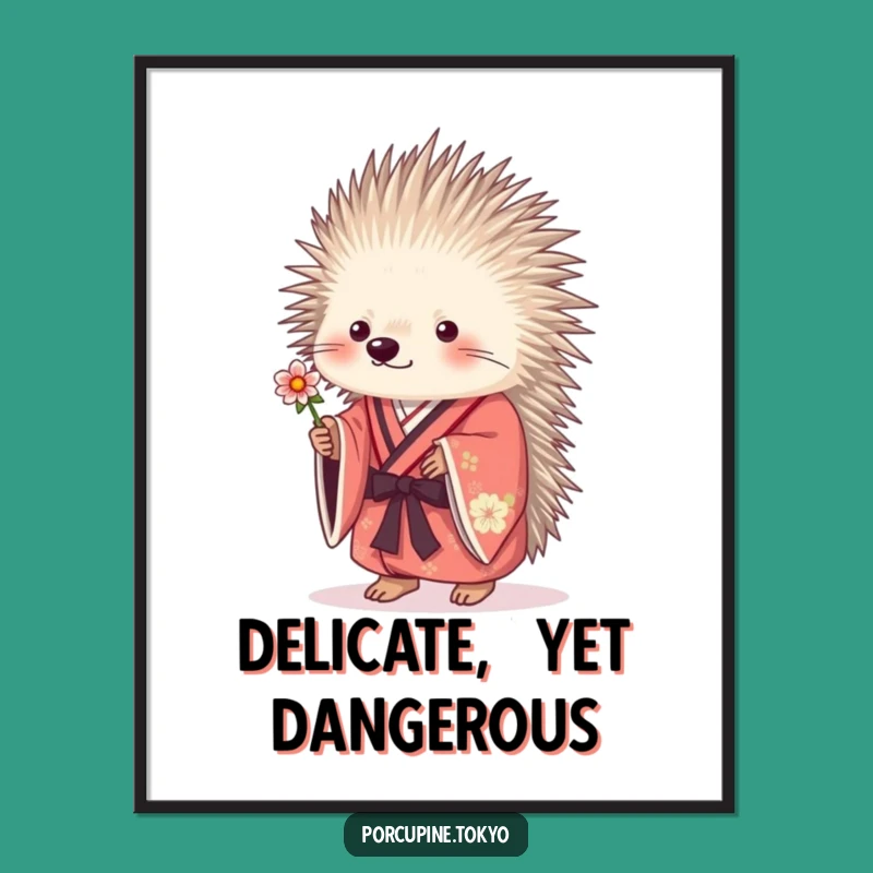 Funny Porcupine Poster: Gentle Flower Kimono Art, Sweet Humorous Gift