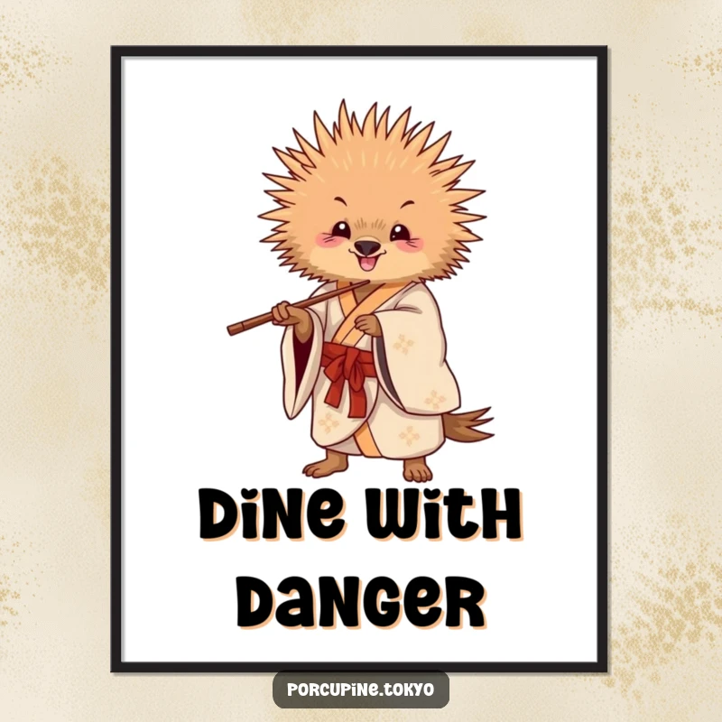 Funny Poster: A porcupine in a flowing kimono striking a playful pose with chopsticks, creating a funny, energetic display.