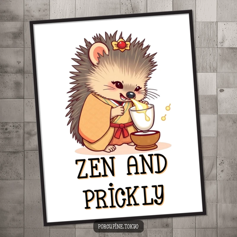 Funny poster showcasing a porcupine dressed in an ornate kimono, playfully tipping a miniature sake cup with a content expression.