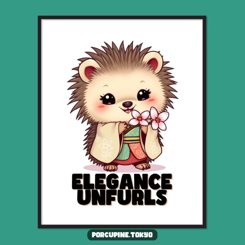 Funny Porcupine Kimono Blossom Poster: Elegant Art for Your Walls