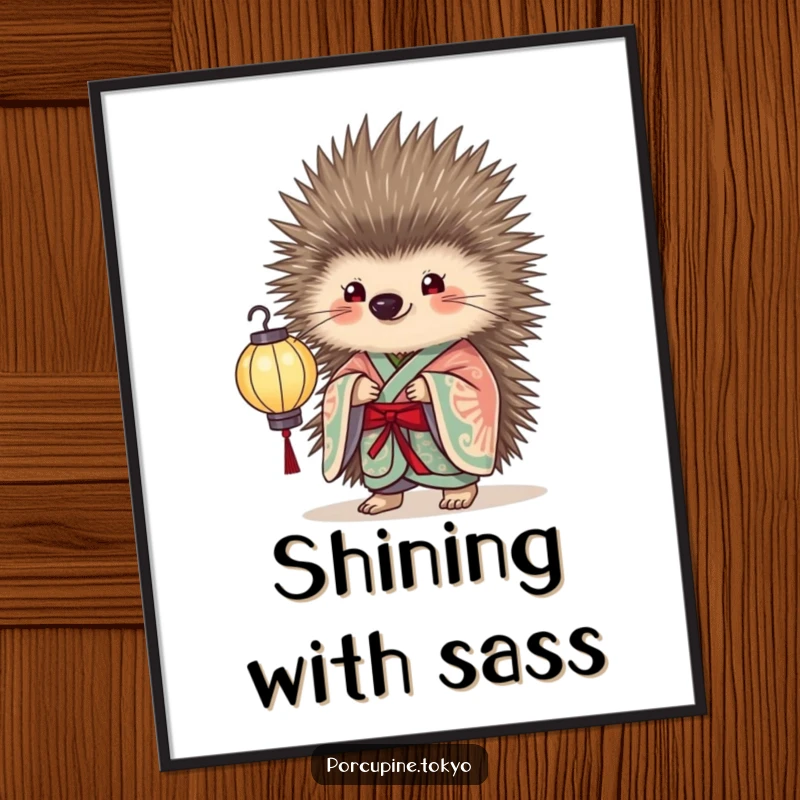 Funny Poster of a porcupine in an elegant kimono holding a delicate paper lantern, perfect for humorous and illuminated wall art.