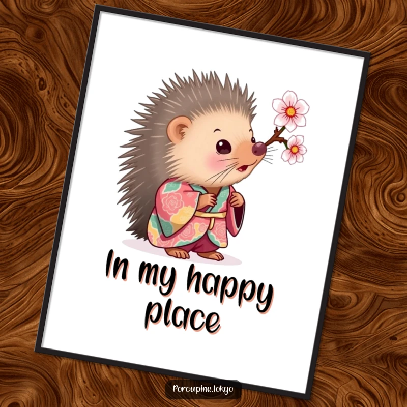 Funny Poster: A porcupine in a colorful kimono looking curiously at a cherry blossom, creating a funny scene of gentle observation.