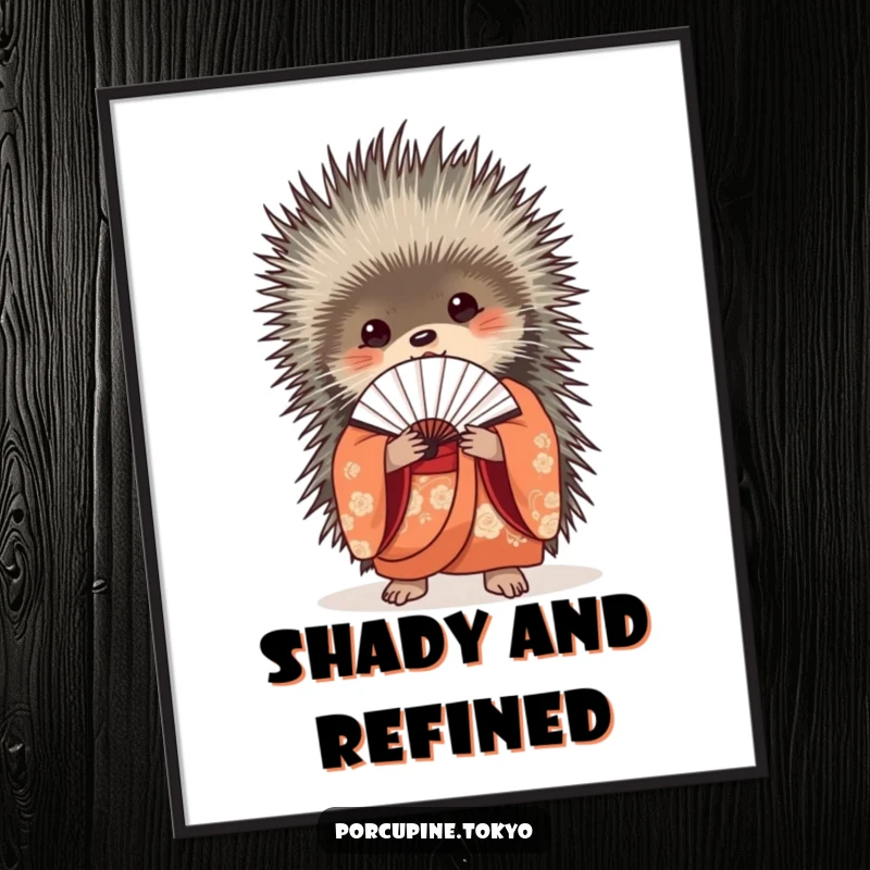 Funny Poster: An elegant porcupine in a beautiful kimono holding a delicate fan, creating a funny, sophisticated display.