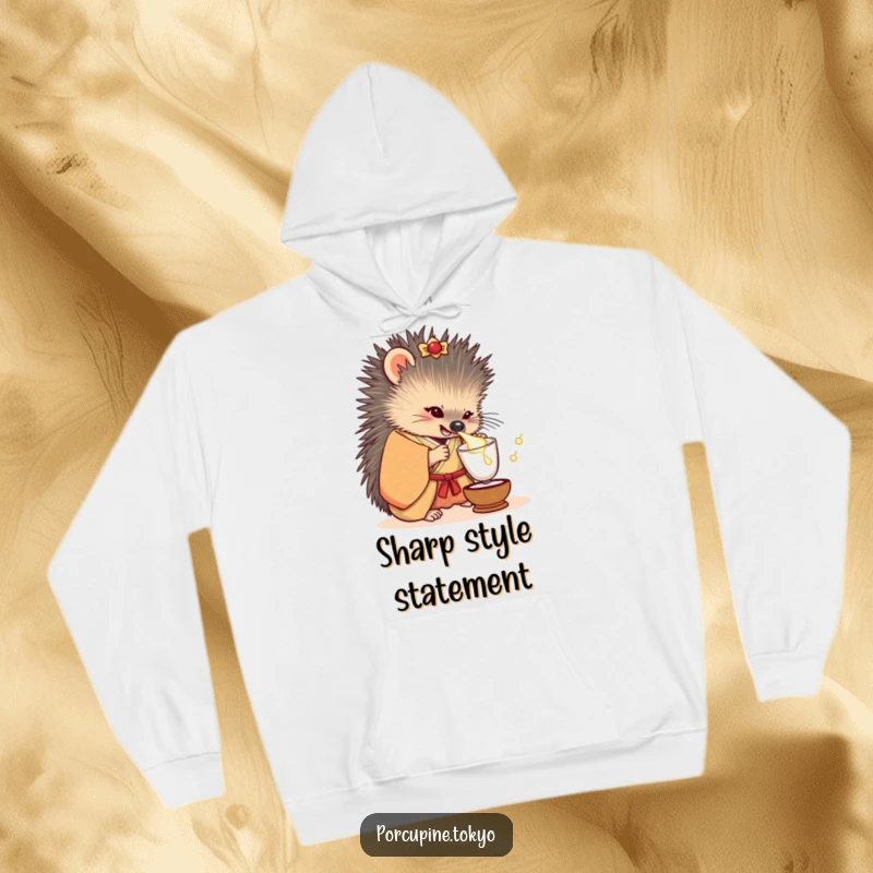 Funny hoodie featuring a porcupine in a luxurious kimono, playfully enjoying a tiny sake cup, perfect for cozy laughs.