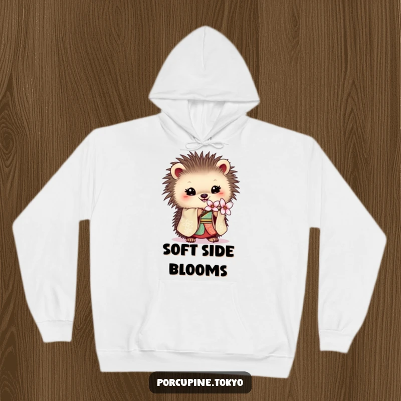 Funny hoodie featuring a porcupine in an ornate kimono holding a delicate blossom, offering cozy style and humor.