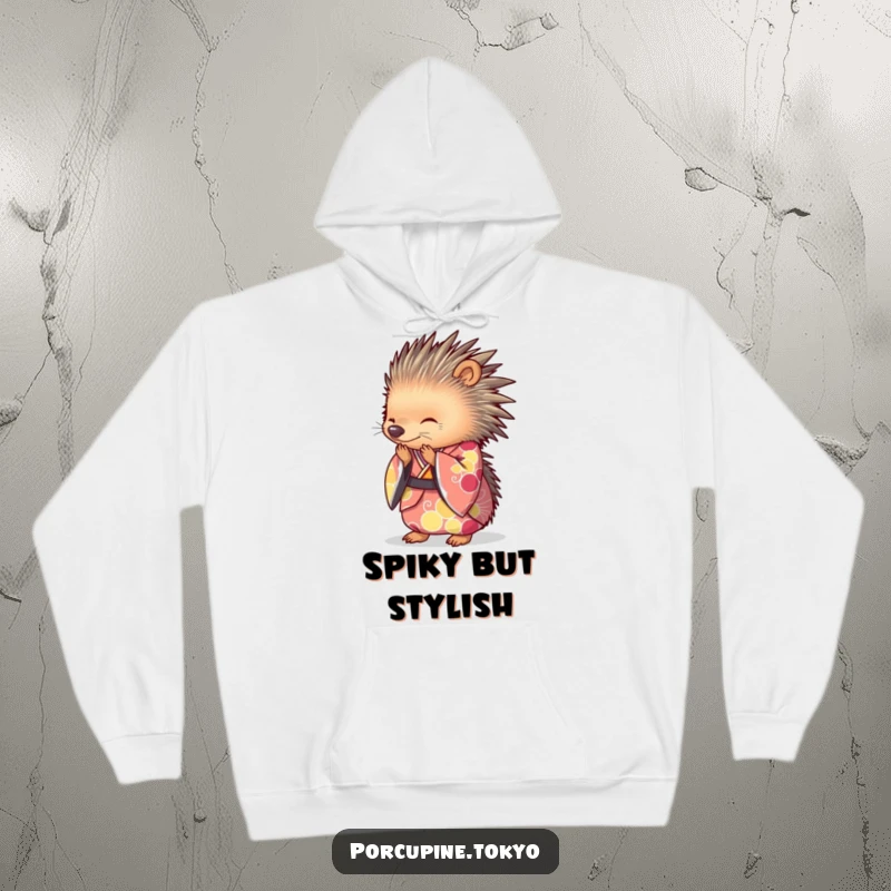 Funny Hoodie with a porcupine in a brightly colored kimono, bowing gracefully, perfect for cozy cultural humor.